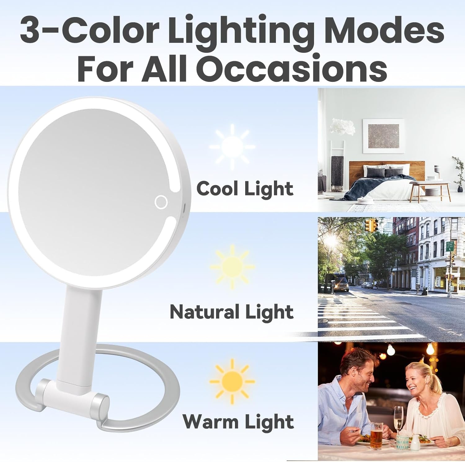 Magnifying Mirror with Light, Makeup Mirror with Lights and Adjustable Brightness, Hanging and Handheld Mirror with Handle, Travel Portable Lighted Makeup Mirror, 360°Rotation, Memory Function 1X/10X