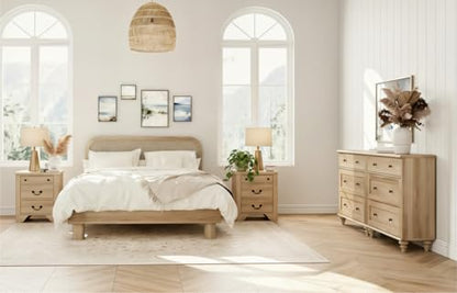 4 Piece Bedroom Set - Includes Farmhouse 3 Drawer Storage Cabinet, Set of 2 Bedside Tables with Charging Station, Dresser and Nightstand Sets, Oak