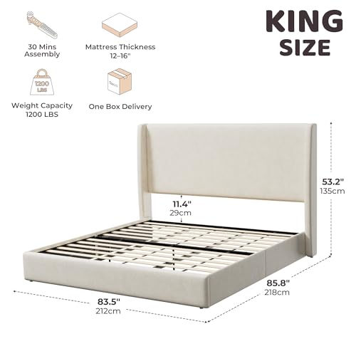 King Size Upholstered Platform Bed Frame with Tall Wingback Headboard, view 3