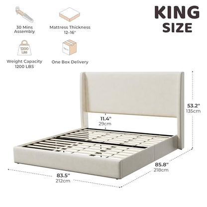 King Size Upholstered Platform Bed Frame with Tall Wingback Headboard, view 3