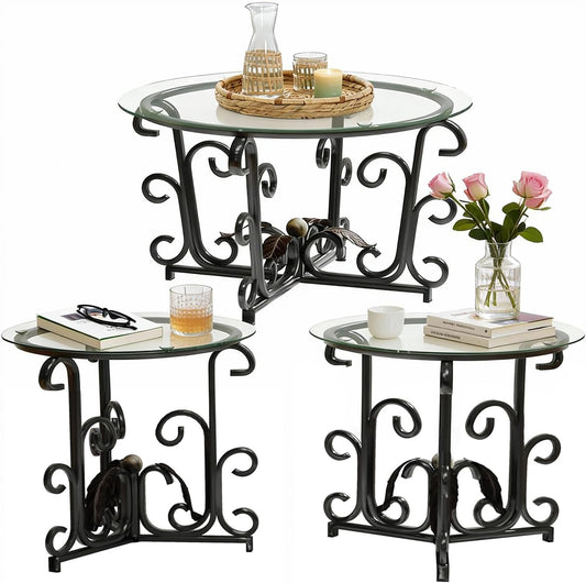 3-Piece Coffee Table Set, Retro Black Metal Frame with Tempered Glass, Includes 1 Coffee Table and 2 End Tables, Modern Living Room Furniture for Apartments and Small Spaces