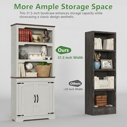 70'' Farmhouse White Bookcase Bookshelf, 5-Tier Bookcase with Doors Storage, view 4
