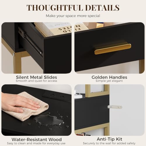Arched Desk with Hutch and 2 Drawers, Black and Gold Writing Desk, view 7