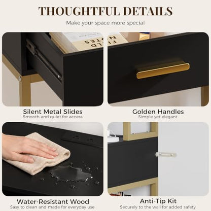 Arched Desk with Hutch and 2 Drawers, Black and Gold Writing Desk, view 7