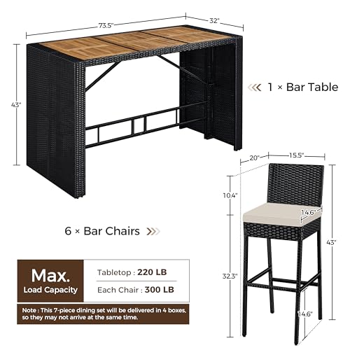 7 Piece Patio Dining Set Outdoor Acacia Wood Bar Table and Chairs, view 5