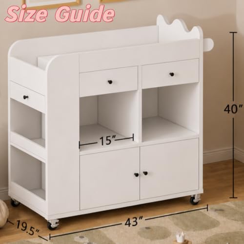 Baby Changing Table, 2 Drawers Nursery Changing Station with 4 Open Cubbies, view 3