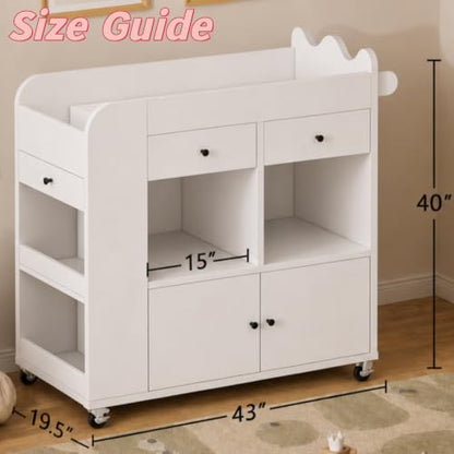 Baby Changing Table, 2 Drawers Nursery Changing Station with 4 Open Cubbies, view 3