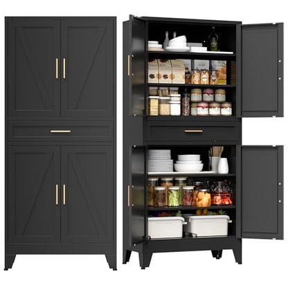 71" Tall Metal Storage Cabinet with 4 Doors and 4 Adjustable Shelves, 6-Tier Farmhouse Storage Cabinet with Drawers and Legs, for Office, Home, Garage, Gym, School, Living Room, Hallway（Black）