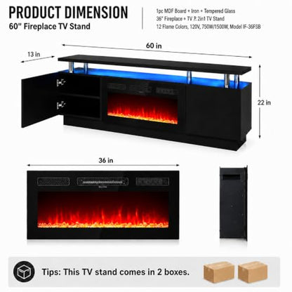 60" Fireplace TV Stand,Modern Entertainment Center Heating Fireplace, view 3