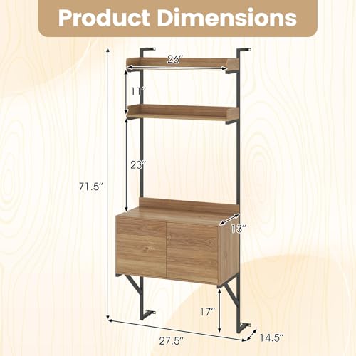 71.5" Tall Bookshelf with Storage Cabinet, Narrow Wall Mounted Ladder Bookcase with Metal Frame, Versatile Display Rack Shelf for Living Room, Home Office, Natural Oak
