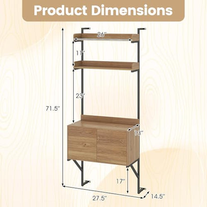 71.5" Tall Bookshelf with Storage Cabinet, Narrow Wall Mounted Ladder Bookcase with Metal Frame, Versatile Display Rack Shelf for Living Room, Home Office, Natural Oak