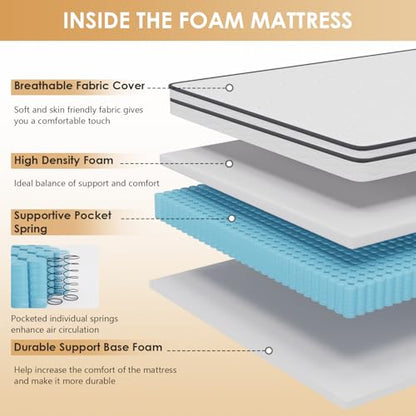 PayLessHere | 6 Inch Twin Mattress | Medium Firm Hybrid Mattress | White | with High-Density Foam and Breathable Cover | Pocket Spring Design, Pressure Relief | Bed in a Box, CertiPUR-US Certified