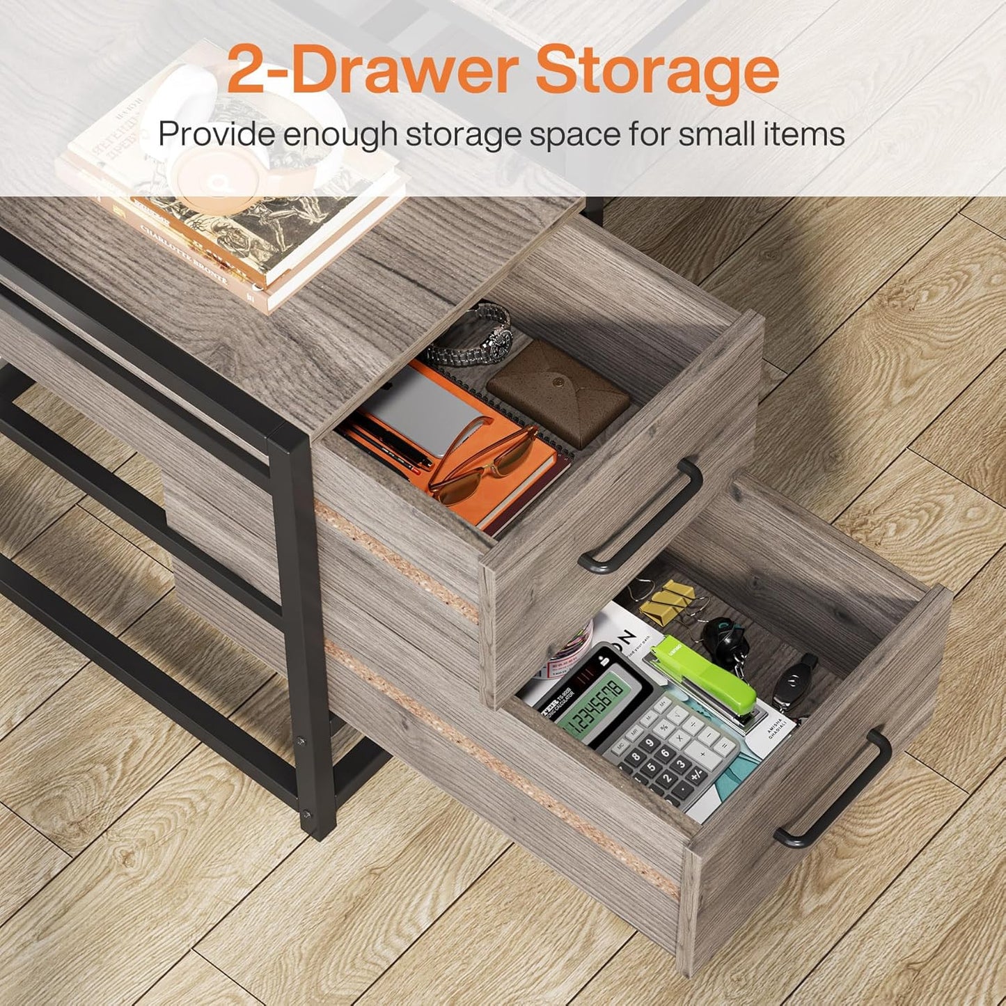 55 Inch Computer Desk with 2 Drawers and Storage Shelves, Rustic Office Desk with Hutch, Study Writing Gaming Table Laptop Workstation for Home Office (Grey)