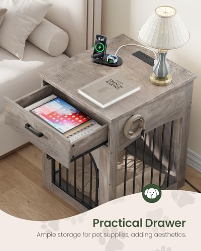 Dog Crate Furniture, Wooden Dog Kennel with Charging Station and Storage Drawer, view 5