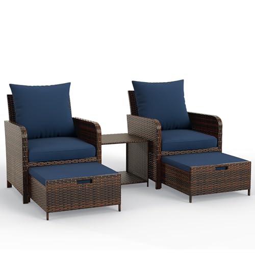 Balcony Furniture Patio Chairs with Hidden Ottoman 5 Piece Patio Furniture Set with Side Table for Front Porch, Blue Cushion