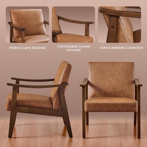 Yaheetech PU Leather Accent Chair, Mid-Century Modern Armchair with Solid Wood Legs, Reading Leisure Chair with High Back for Living Room Bedroom Waiting Room, Set of 2, Brown