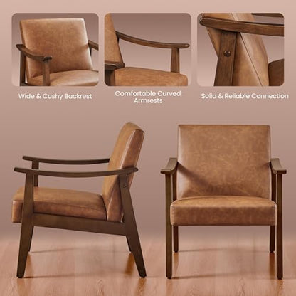 Yaheetech PU Leather Accent Chair, Mid-Century Modern Armchair with Solid Wood Legs, Reading Leisure Chair with High Back for Living Room Bedroom Waiting Room, Set of 2, Brown