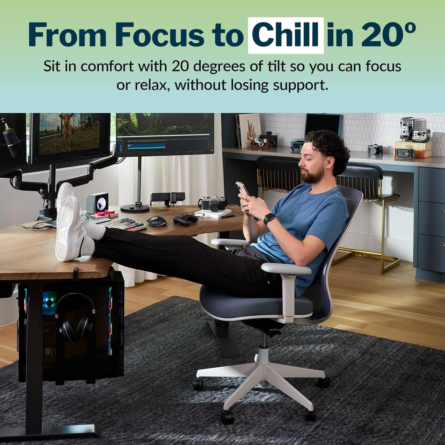 Ascent Ergonomic Desk Chair for Home Office with Wheels, Breathable Mesh Back, Lumbar Support, Adjustable Seat Depth & Height, 20 Degree Tilt Function – Easy Assembly (Cloud White/Steel Blue)