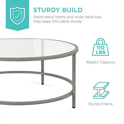Best Choice Products 36in Modern Round Tempered Glass Accent Side Coffee Table for Living Room, Dining Room, Tea, Home Décor w/Metal Frame, Non-Marring Foot Caps - Gray
