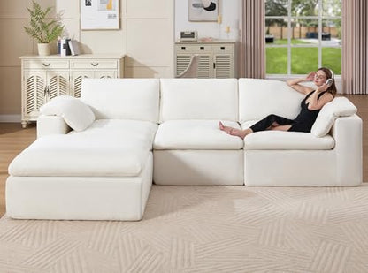 120" Cloud Modular Sectional Sofa, No-Assembly Oversized Chenille Couch with 76.4" Extra-Deep Chaise, Modern White Cloud Couch for Living Room