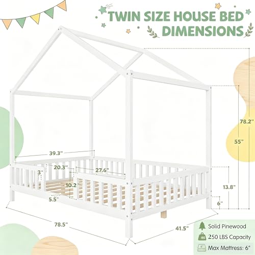 Twin Montessori House Bed with High Rails, Low Floor Bed Twin with Roof & Canopy, view 3