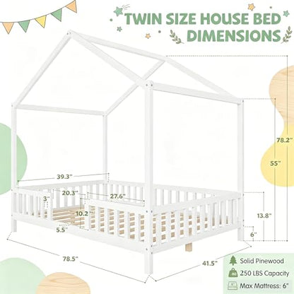 Twin Montessori House Bed with High Rails, Low Floor Bed Twin with Roof & Canopy, view 3