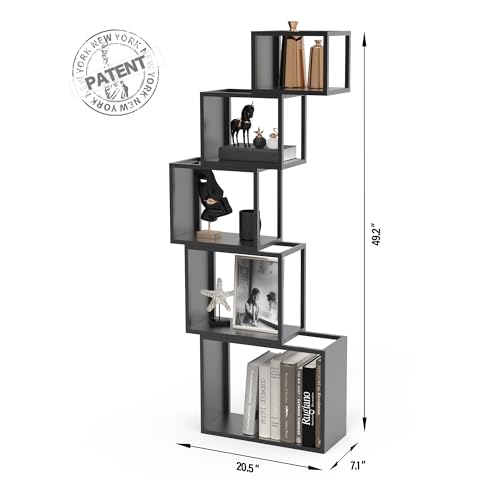 5-Tier Black Unique Metal Bookshelf – 49.2" Modern Bookcase for Books, CDs, view 4