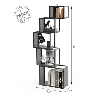 5-Tier Black Unique Metal Bookshelf – 49.2" Modern Bookcase for Books, CDs, view 4