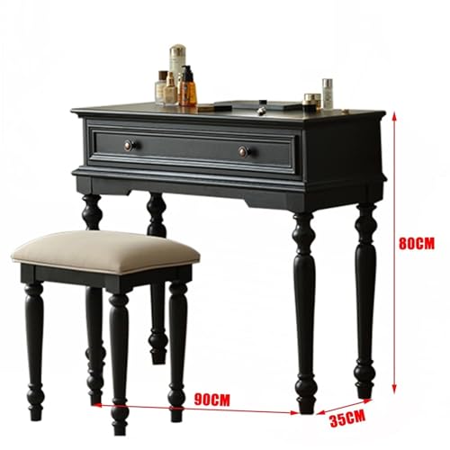 American Style Dressing Table and Chair Set Small Apartment with Drawers for Girls Women(Black)