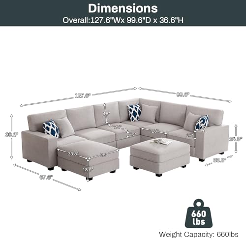 Oversized Modular Sectional Sofa,U/L‑Shaped Reversible Couch with Ottoman,Deep Seat Plush Polyester Sofa for Living Room,8‑Seater,Light Grey