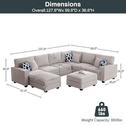 Oversized Modular Sectional Sofa,U/L‑Shaped Reversible Couch with Ottoman,Deep Seat Plush Polyester Sofa for Living Room,8‑Seater,Light Grey
