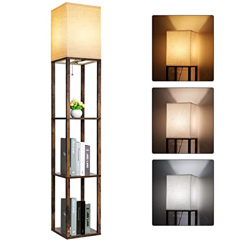 Floor Lamp with Shelves, Modern Shelf Lamp for Display Storage, 3 Color Temperature Wood Narrow Standing Corner Lamp with 8W Bulb for Living Room Decor, Bedroom, Office, Home Decor(Brown)