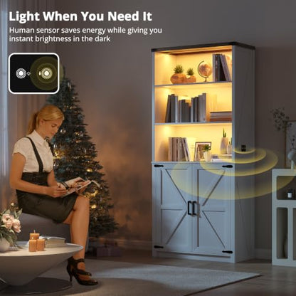 Farmhouse 5-Tier Bookshelf with Doors and 3-Color LED Lights, view 6