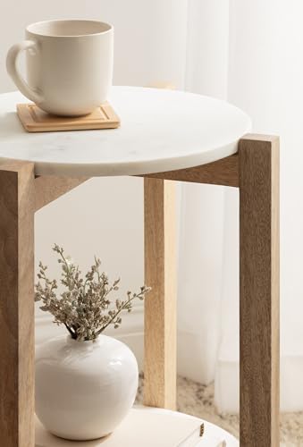 Moxley Transitional Round Side Table; 16 x 16 x 22; White Marble and Natural Wood; Tiered Pedestal Table with Authentic Marble Tabletops for Bedroom Nightstand or Indoor Plant Stand