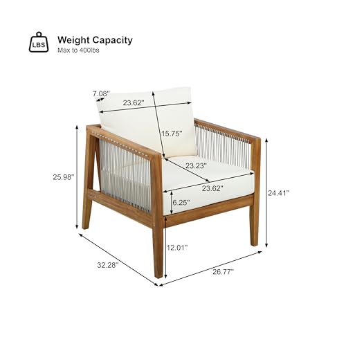 Lalulu Acacia Wood Lounge Chair Outdoor with Removable Cushion, Solid Wood Patio Accent Chair with Woven Rope Accents, Patio Furniture Set Sofa Chair, Beige+Teak