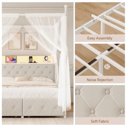 Full Size Canopy Bed Frame with Charging Station and LED Lights, view 8