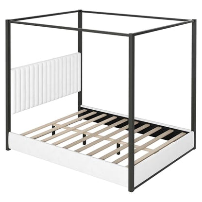RuiSiSi Queen Size Metal Canopy Bed with Tall Upholstered Headboard, Black, view 5