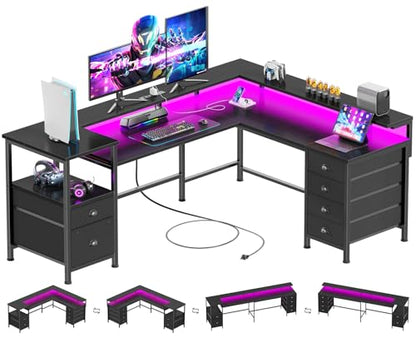 66" Reversible L Shaped Gaming Desk with 6 Drawers & Printer Storage Shelves, Corner Computer Desk with Power Outlets & LED Lights, Home Office Table with Monitor Stand, Black