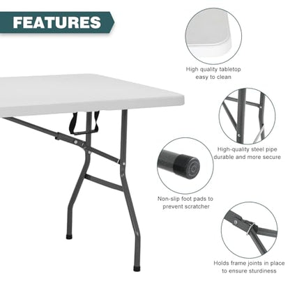 6 Foot Outdoor Dining Table, Foldable Portable Rectangular Plastic Folding Table with Built in Carrying Handle for Party and Wedding Use, White