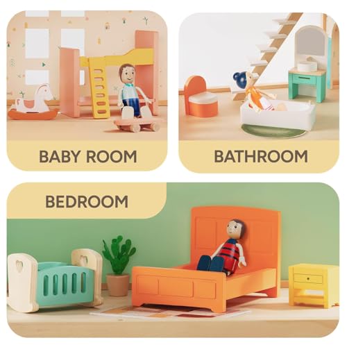 26 Pcs Large Wooden Dollhouse Furniture 5 Set for Kitchen, Living Room, Bedroom, Bathroom, Babyroom, Candy Dollhouse Accessories & Furniture Toy for Girls Boys Kids 3+