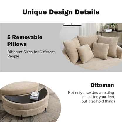 59.8" W Oversized Accent Barrel Chair Large Round Chair with Ottoman & Movable Wheels,Wheat