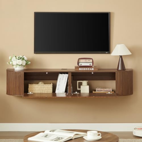 55" Walnut Fluted Floating TV Stand for TVs up to 65" for Living Room, view 5