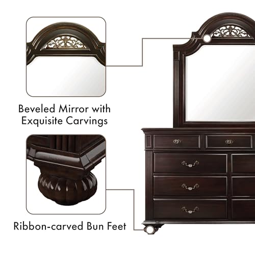 Syracuse 6-Piece Traditional Solid Wood Bedroom Set with Chest, Mirrored-Dresser and 2 Nightstands, Box Spring Required for Bedroom, Guest Room, Queen, Walnut