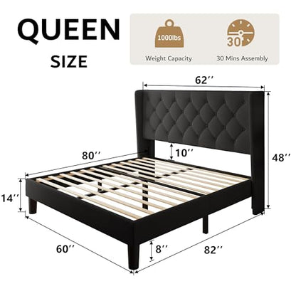 Queen Size Platform Bed Frame with Button Tufted Headboard, view 3
