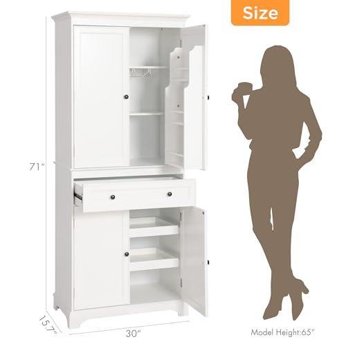 71'' Tall Kitchen Pantry Cabinet, Wood Food Pantry Cabinet with Drawers and Wine Glass Rack, Freestanding Storage Cabinet for Kitchen, Living Room, Dining Room, White