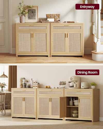 VASAGLE ELLAN Collection - Boho Buffet Cabinets with Rattan-Look Doors, Sideboard Storage Cabinet, Rounded Corners, Adjustable Shelf, Drawer, for Dining Room, Set of 2, Oak Beige UBBK601YC01-2J