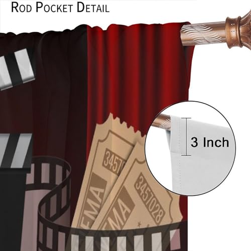 Movie Curtains, Red Curtain Popcorn Drinks Movie Tickets Lights Film Window Treatments Rod Pocket Drapes for Boys Girls Screening Bedroom Movie Theater 42x45in（No Blackout）