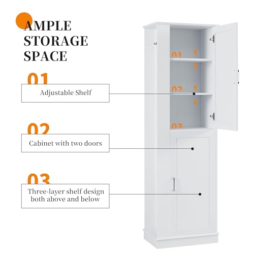 68 Inch Bathroom Storage Cabinet with Adjustable Shelves, White | White MDF, bathroom or utility room, side hook, 2-door cabinet, metal handles, anti-tip kit, 21 in W, 14 in D, 68 in H