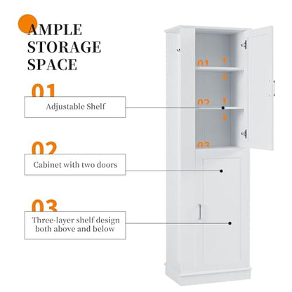 68 Inch Bathroom Storage Cabinet with Adjustable Shelves, White | White MDF, bathroom or utility room, side hook, 2-door cabinet, metal handles, anti-tip kit, 21 in W, 14 in D, 68 in H