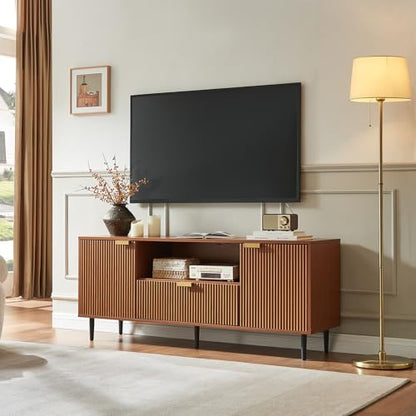 Modern Fluted TV Stand for 65 Inch TVs with Drawer, Walnut, view 2